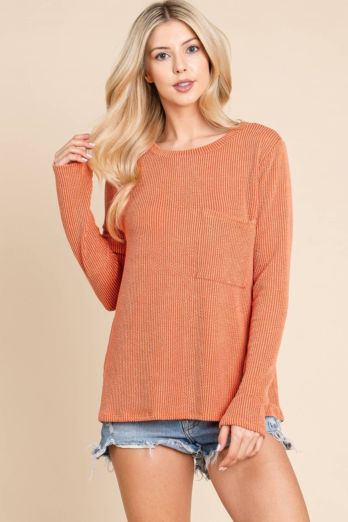 BOMBOM Western Ribbed Top with Pocket — Pumpkin & Fuchsia Cozy Crewneck Made in USA