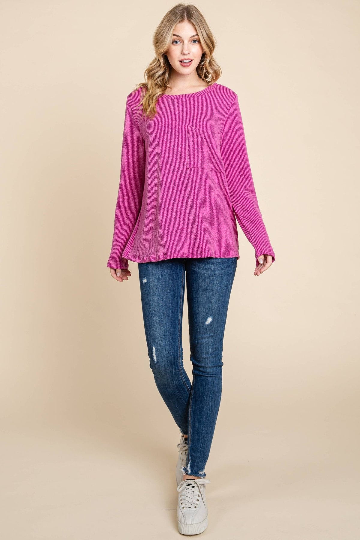 BOMBOM Western Ribbed Top with Pocket — Pumpkin & Fuchsia Cozy Crewneck Made in USA