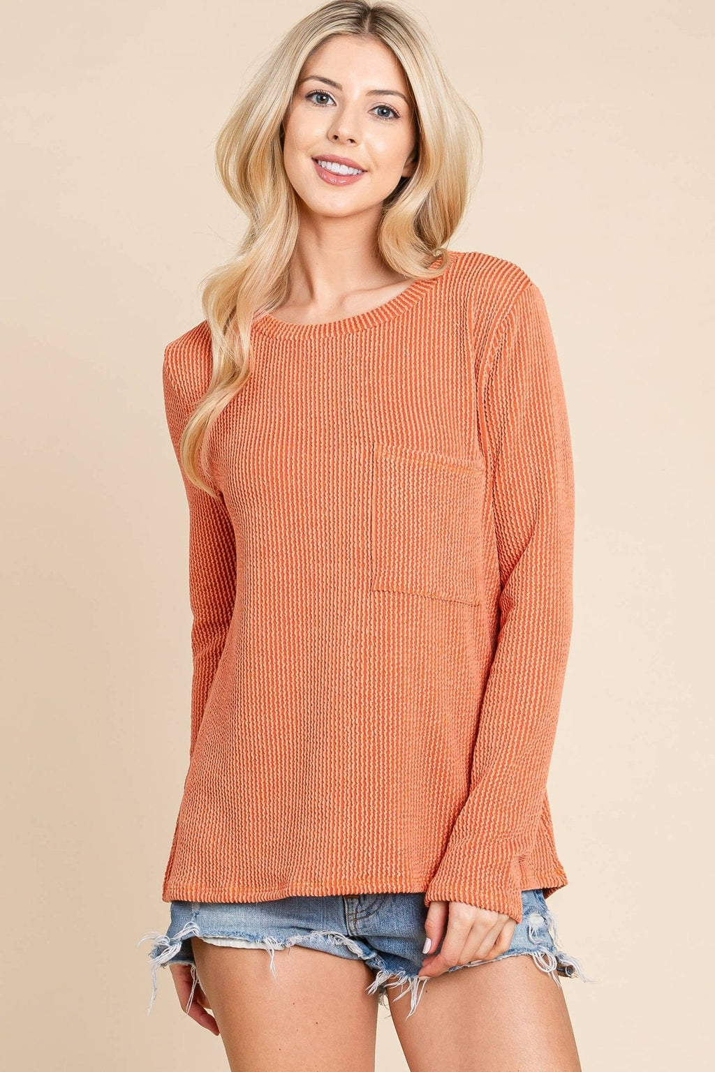 BOMBOM Western Ribbed Top with Pocket — Pumpkin & Fuchsia Cozy Crewneck Made in USA