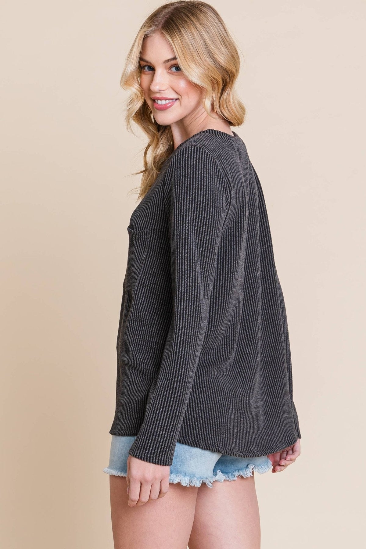 BOMBOM Western Ribbed Top with Pocket — Pumpkin & Fuchsia Cozy Crewneck Made in USA