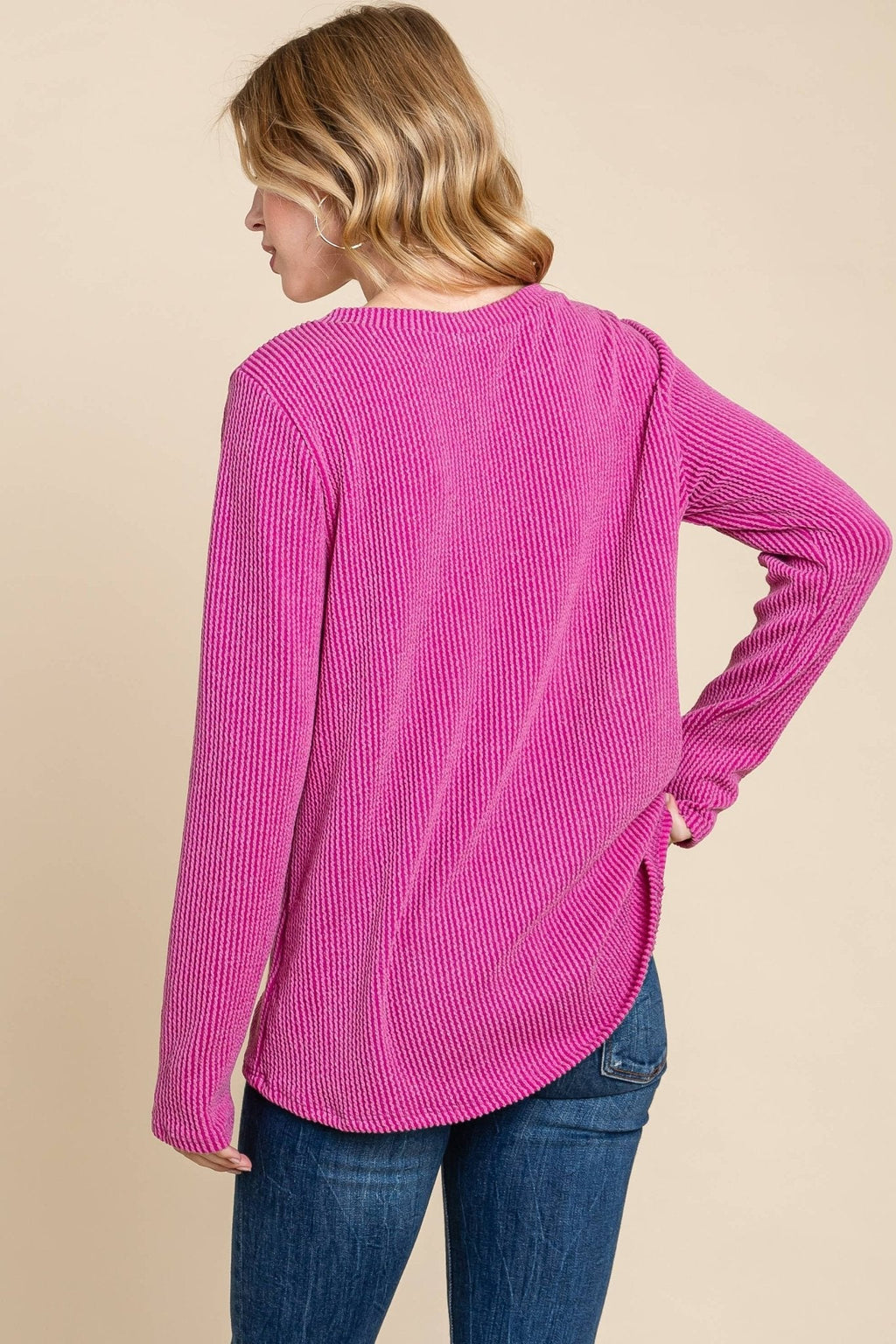 BOMBOM Western Ribbed Top with Pocket — Pumpkin & Fuchsia Cozy Crewneck Made in USA