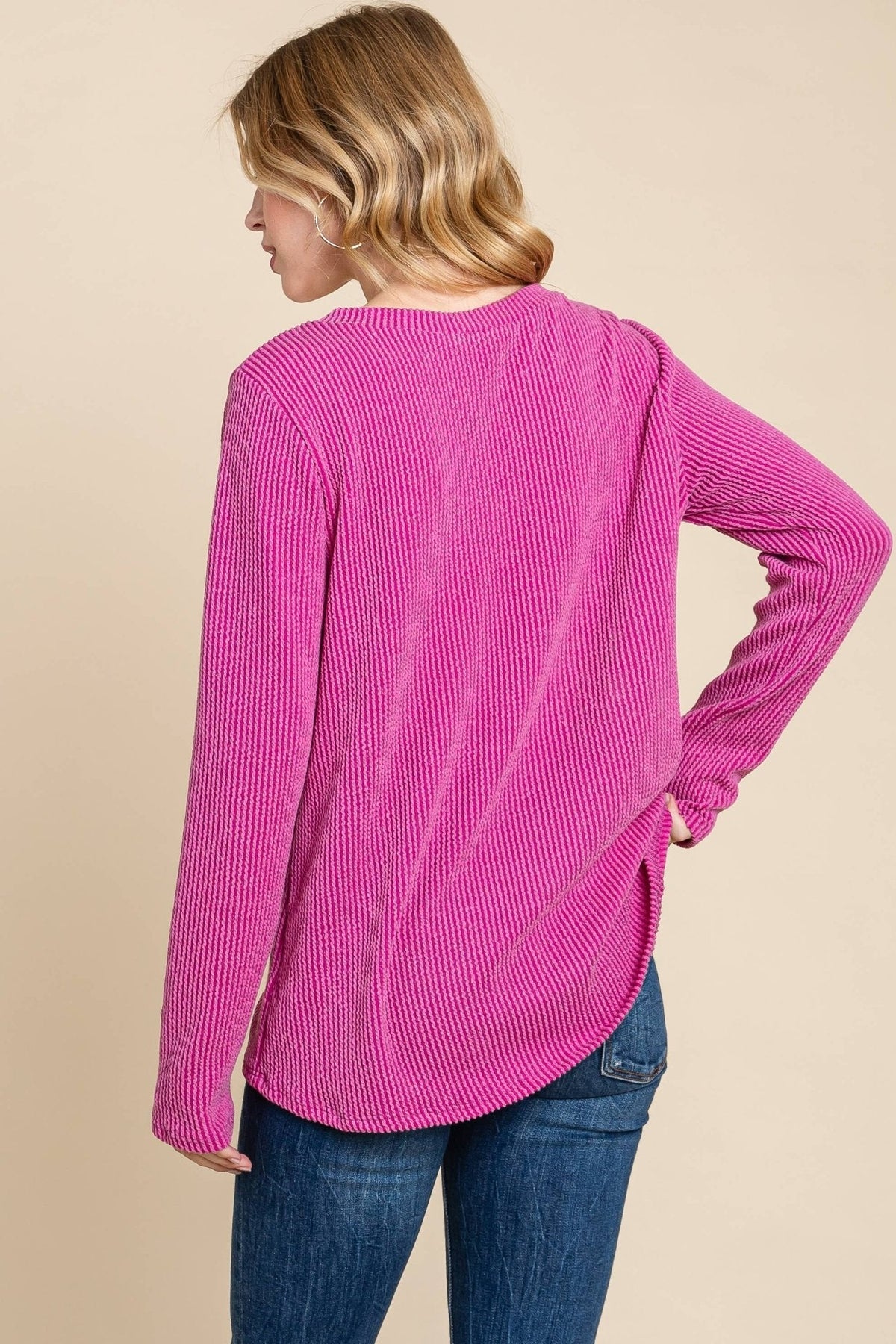 BOMBOM Western Ribbed Top with Pocket — Pumpkin & Fuchsia Cozy Crewneck Made in USA