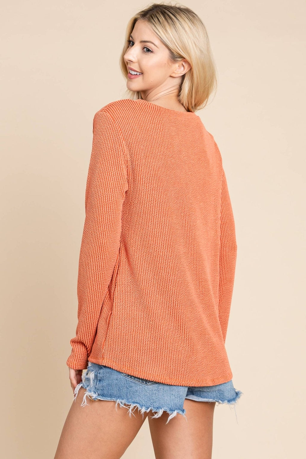 BOMBOM Western Ribbed Top with Pocket — Pumpkin & Fuchsia Cozy Crewneck Made in USA