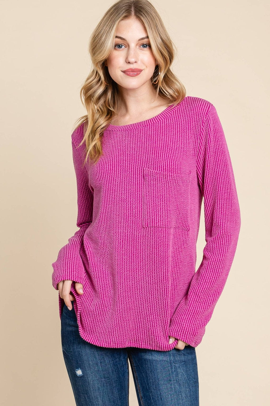 BOMBOM Western Ribbed Top with Pocket — Pumpkin & Fuchsia Cozy Crewneck Made in USA