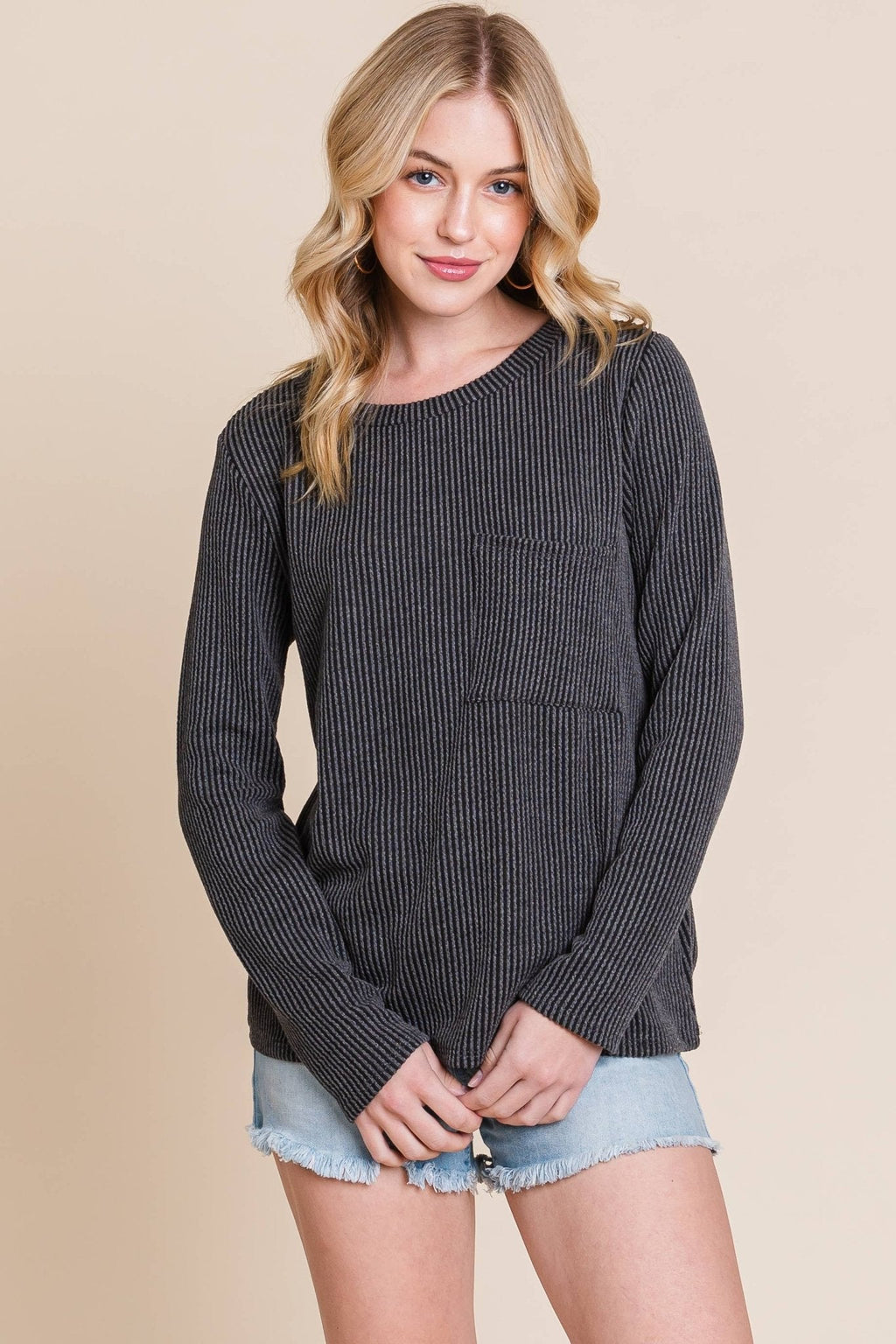 BOMBOM Western Ribbed Top with Pocket — Pumpkin & Fuchsia Cozy Crewneck Made in USA