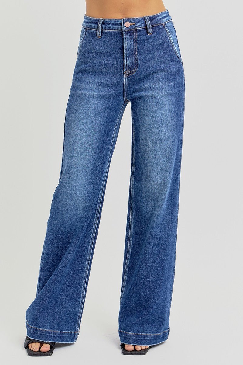 Risen High-Rise Wide-Leg Slanted Pocket Western Jeans — Dark Wash Rugged Style with Back Patch Pocket (Size 0, 9, 11, 13 and 15) - Quarter Circle AK Boutique