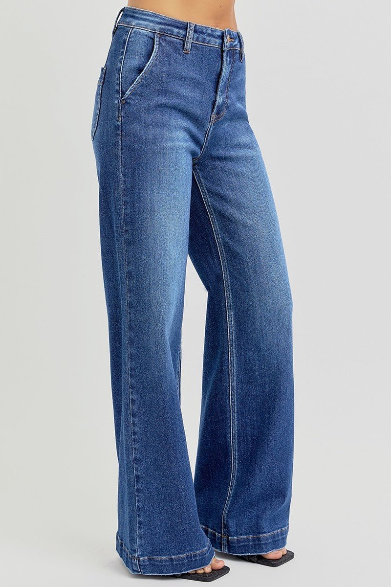 Risen High-Rise Wide-Leg Slanted Pocket Western Jeans — Dark Wash Rugged Style with Back Patch Pocket (Size 0, 9, 11, 13 and 15) - Quarter Circle AK Boutique
