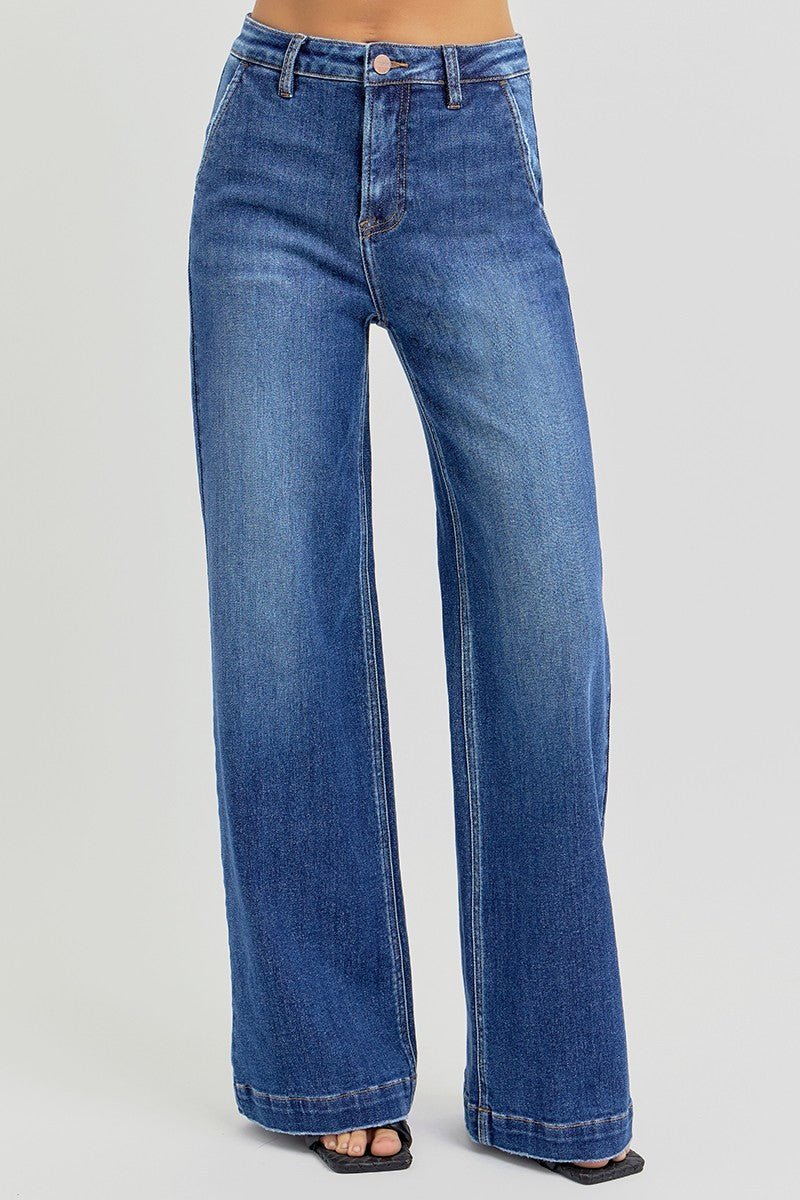 Risen High-Rise Wide-Leg Slanted Pocket Western Jeans — Dark Wash Rugged Style with Back Patch Pocket (Size 0, 9, 11, 13 and 15) - Quarter Circle AK Boutique