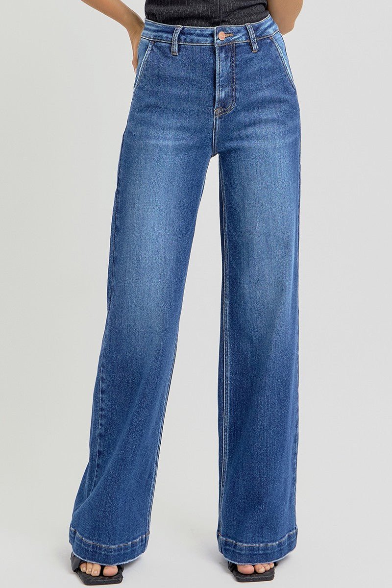 Risen High-Rise Wide-Leg Slanted Pocket Western Jeans — Dark Wash Rugged Style with Back Patch Pocket (Size 0, 9, 11, 13 and 15) - Quarter Circle AK Boutique