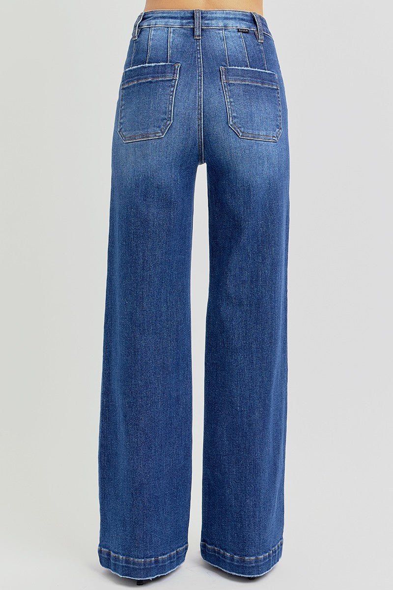 Risen High-Rise Wide-Leg Slanted Pocket Western Jeans — Dark Wash Rugged Style with Back Patch Pocket (Size 0, 9, 11, 13 and 15) - Quarter Circle AK Boutique