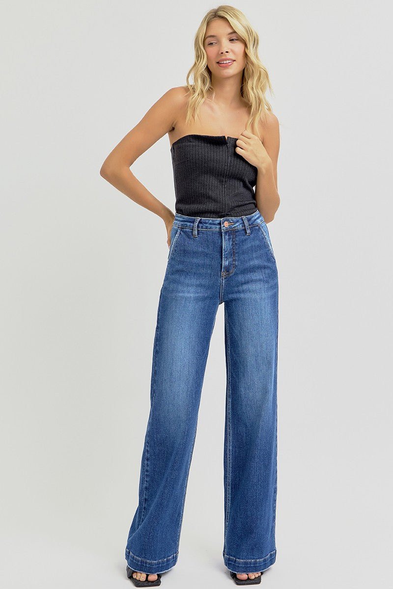 Risen High-Rise Wide-Leg Slanted Pocket Western Jeans — Dark Wash Rugged Style with Back Patch Pocket (Size 0, 9, 11, 13 and 15) - Quarter Circle AK Boutique