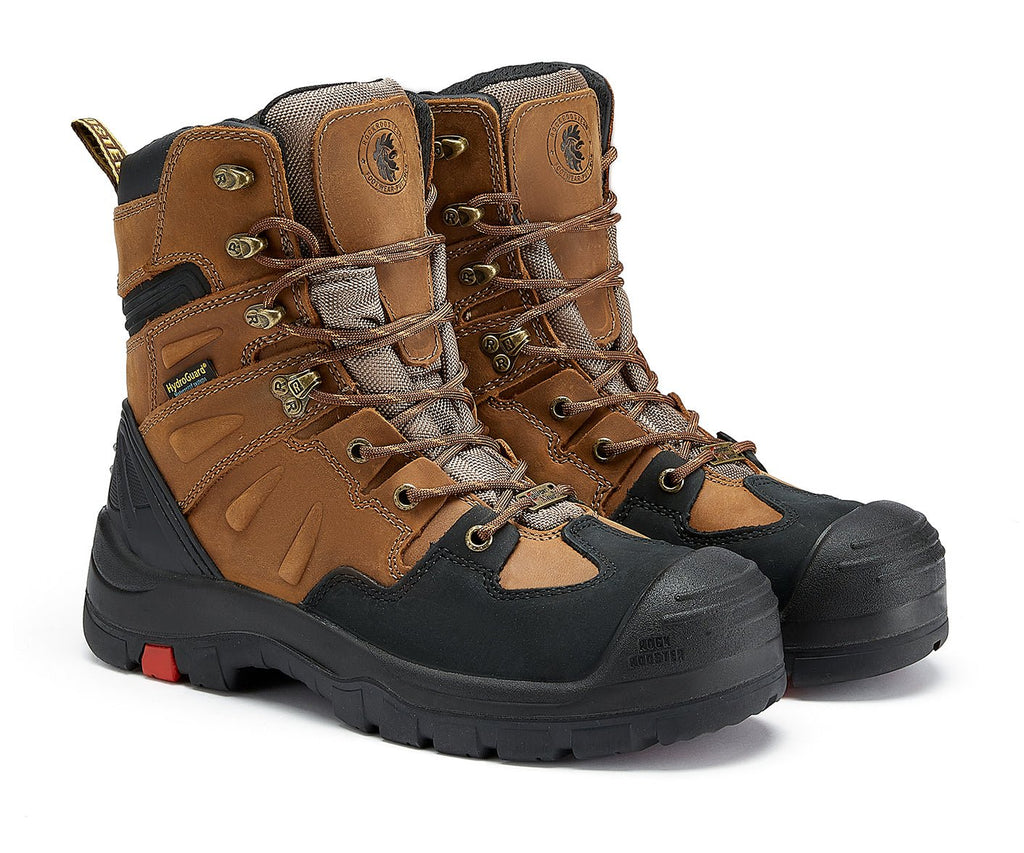ROCKROOSTER Woodland Men's 8 inch Brown Work Boots, Composite Toe, Slip Resistant, Electrical Hazard Protection, Rubber outsole AK869 - Quarter Circle AK Boutique