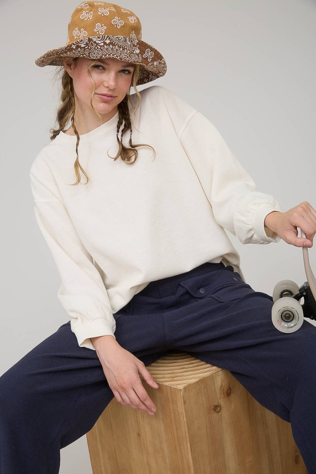 Blu Pepper "Round Up" Western Raw Edge Marled Knit Top — Soft Cotton Blend (Brown or Oatmeal)