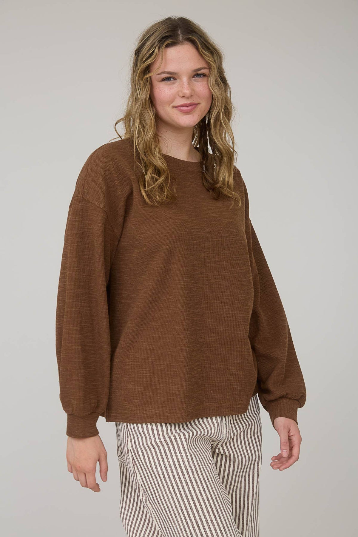 Blu Pepper "Round Up" Western Raw Edge Marled Knit Top — Soft Cotton Blend (Brown or Oatmeal)