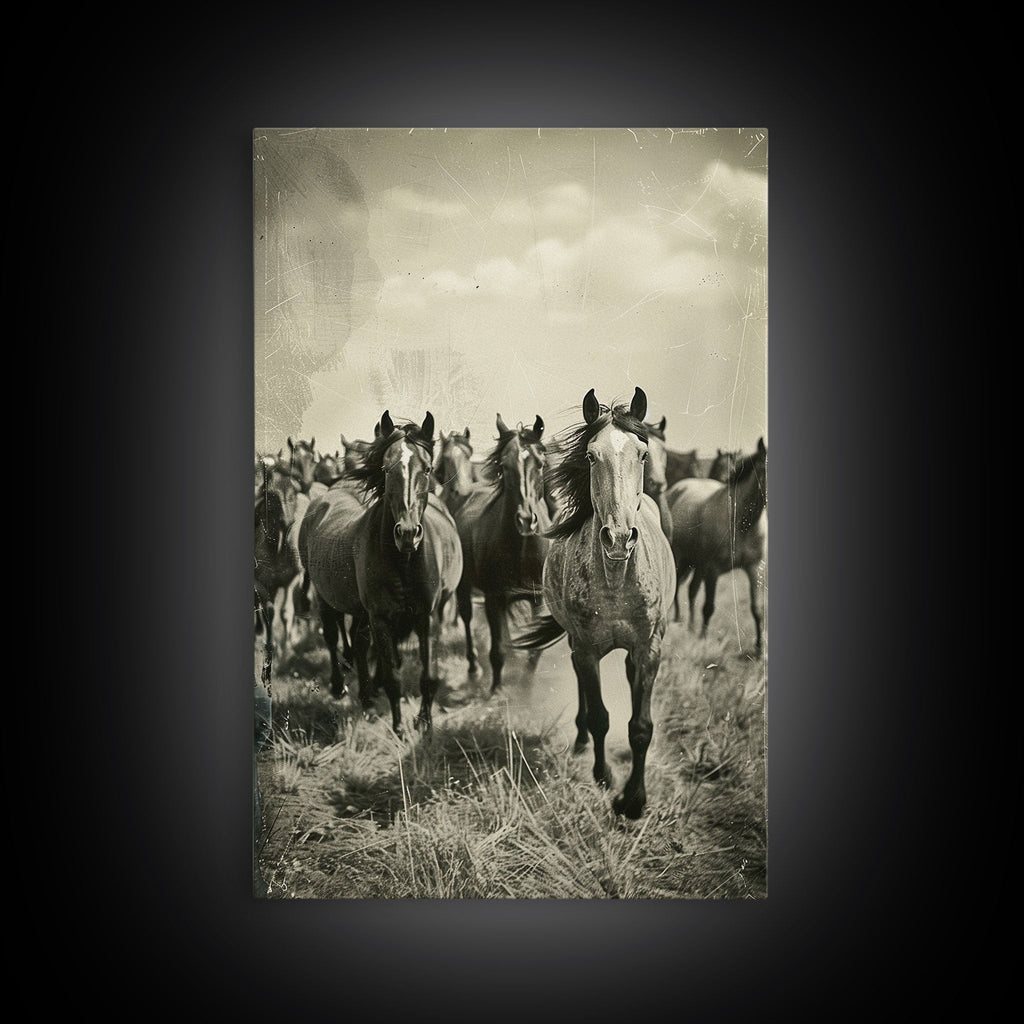 Running Wild Horses Sepia Print - Framed Canvas Wall Art, Rustic Western Decor, Horse Artwork for Living Room, Animal Wall Art - Quarter Circle AK Boutique