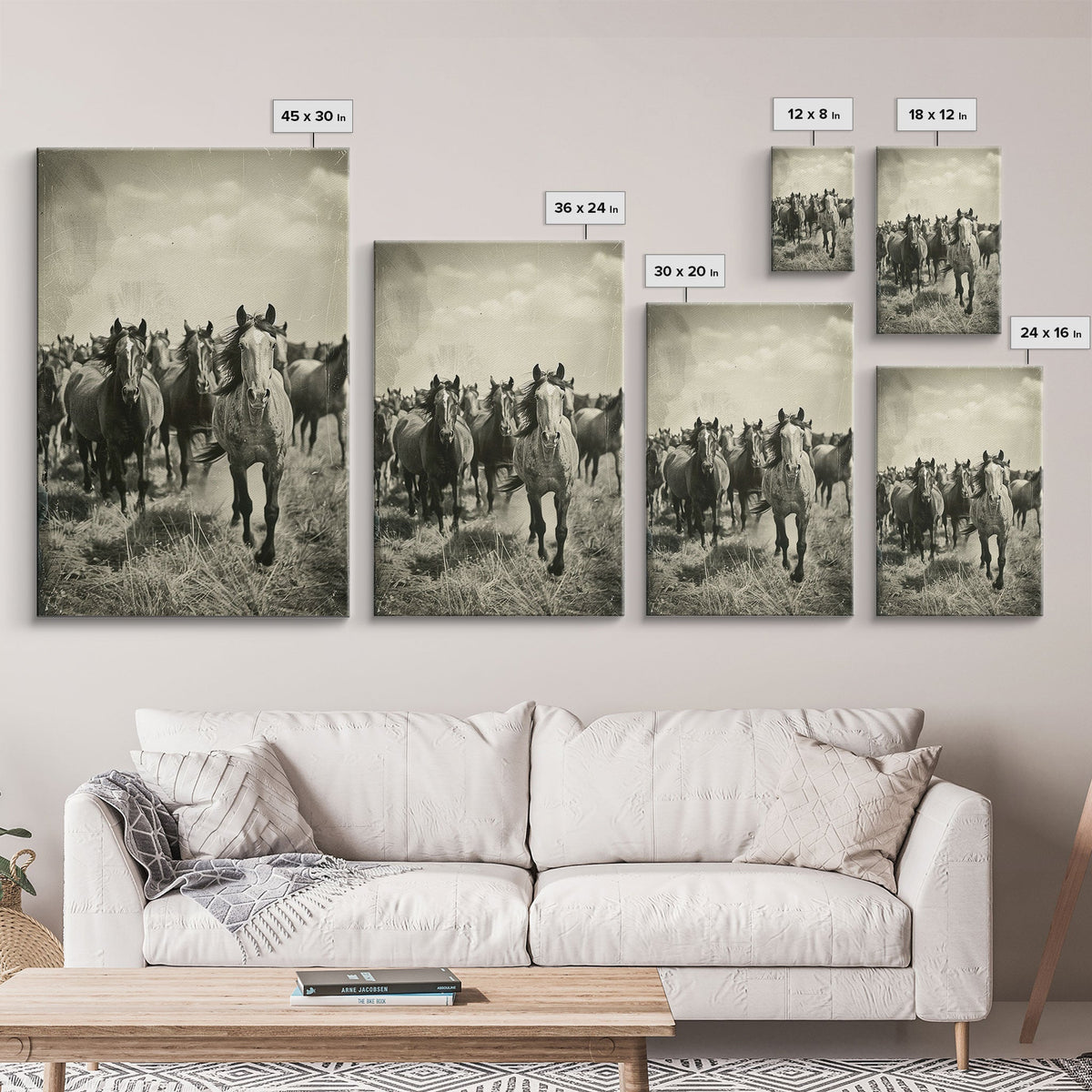 Running Wild Horses Sepia Print - Framed Canvas Wall Art, Rustic Western Decor, Horse Artwork for Living Room, Animal Wall Art - Quarter Circle AK Boutique