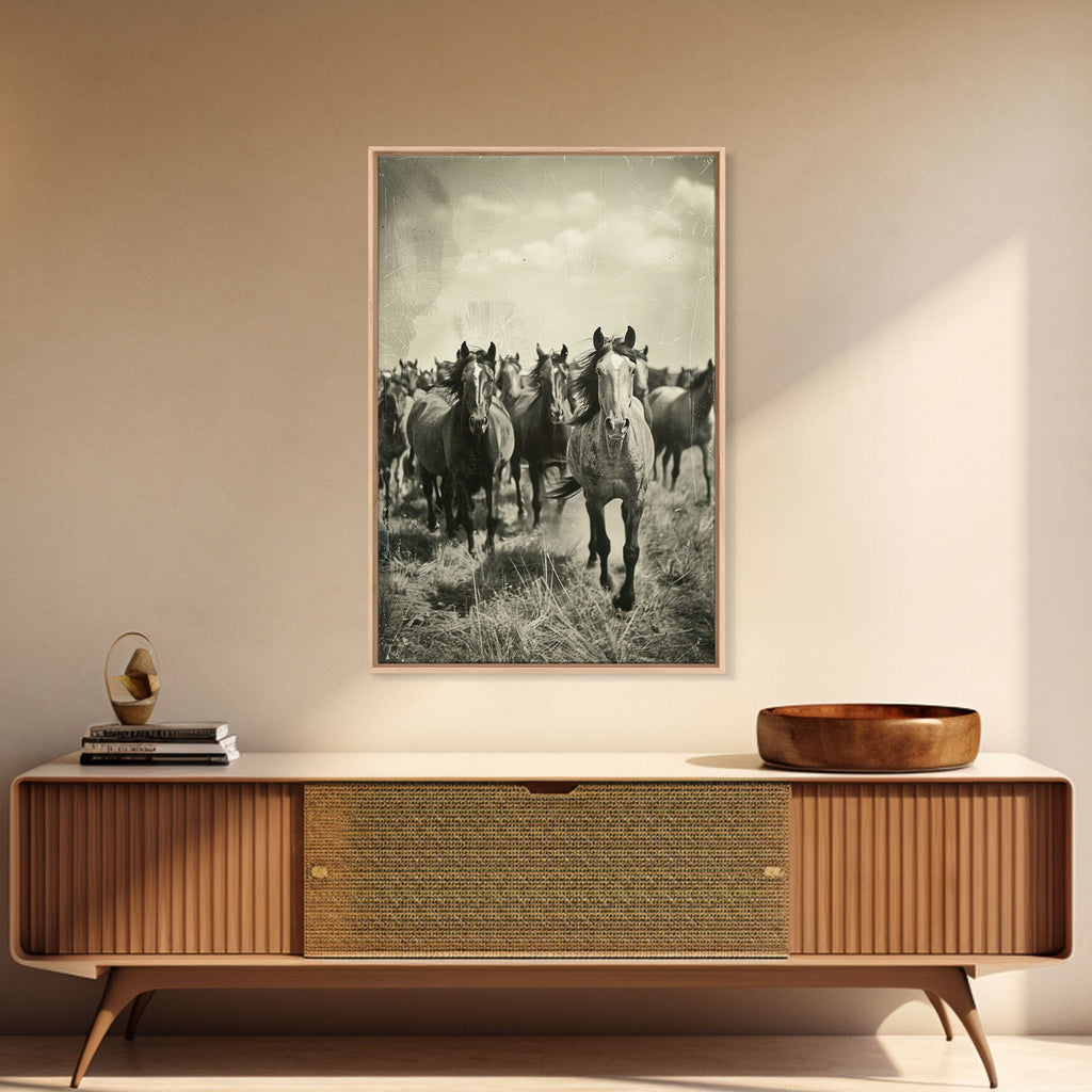 Running Wild Horses Sepia Print - Framed Canvas Wall Art, Rustic Western Decor, Horse Artwork for Living Room, Animal Wall Art - Quarter Circle AK Boutique
