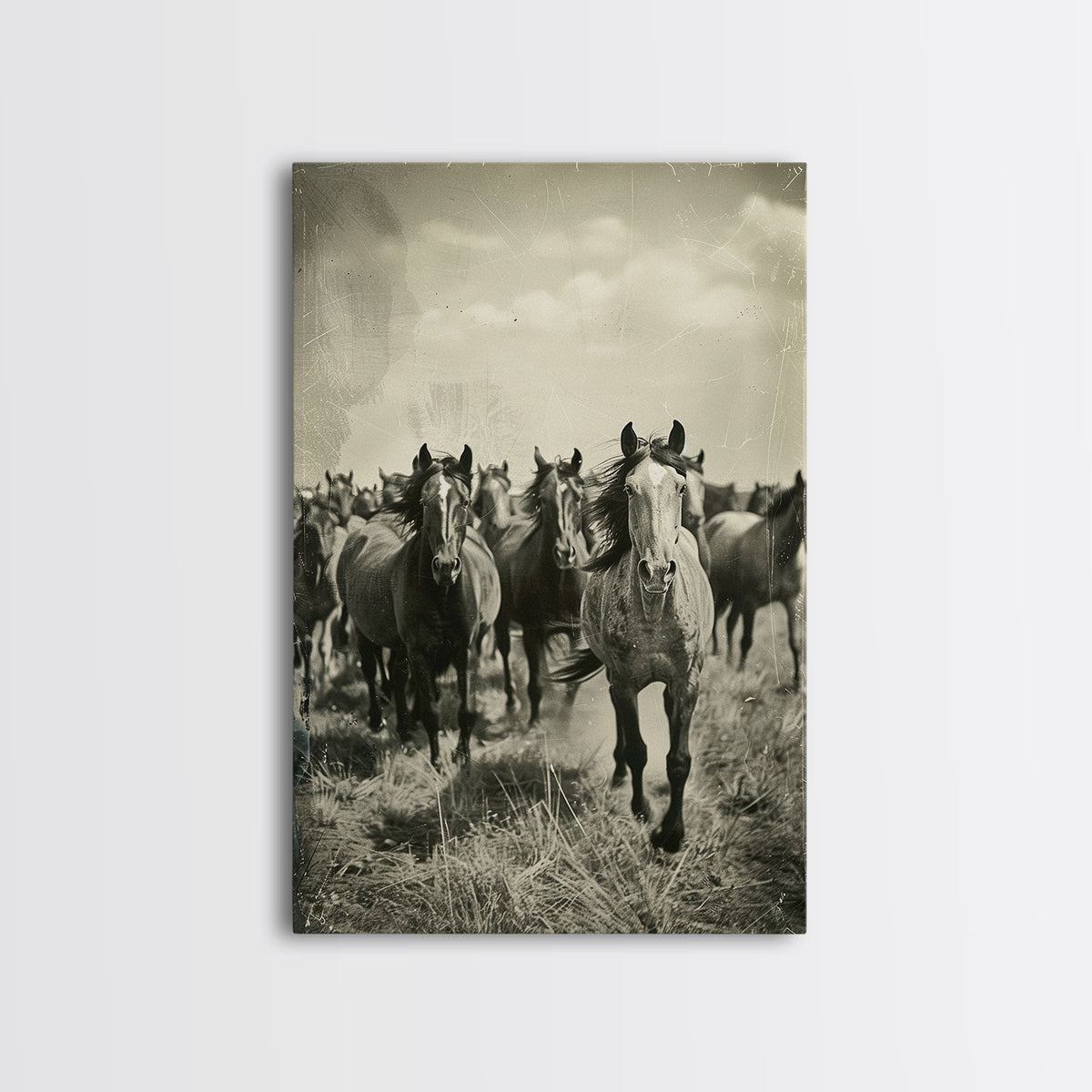Running Wild Horses Sepia Print - Framed Canvas Wall Art, Rustic Western Decor, Horse Artwork for Living Room, Animal Wall Art - Quarter Circle AK Boutique