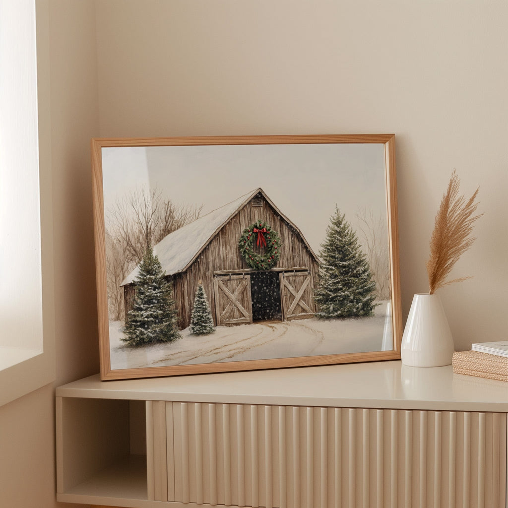 Rustic Christmas Barn – Cozy Winter Farmhouse Wall Art Print - Quarter Circle AK Boutique