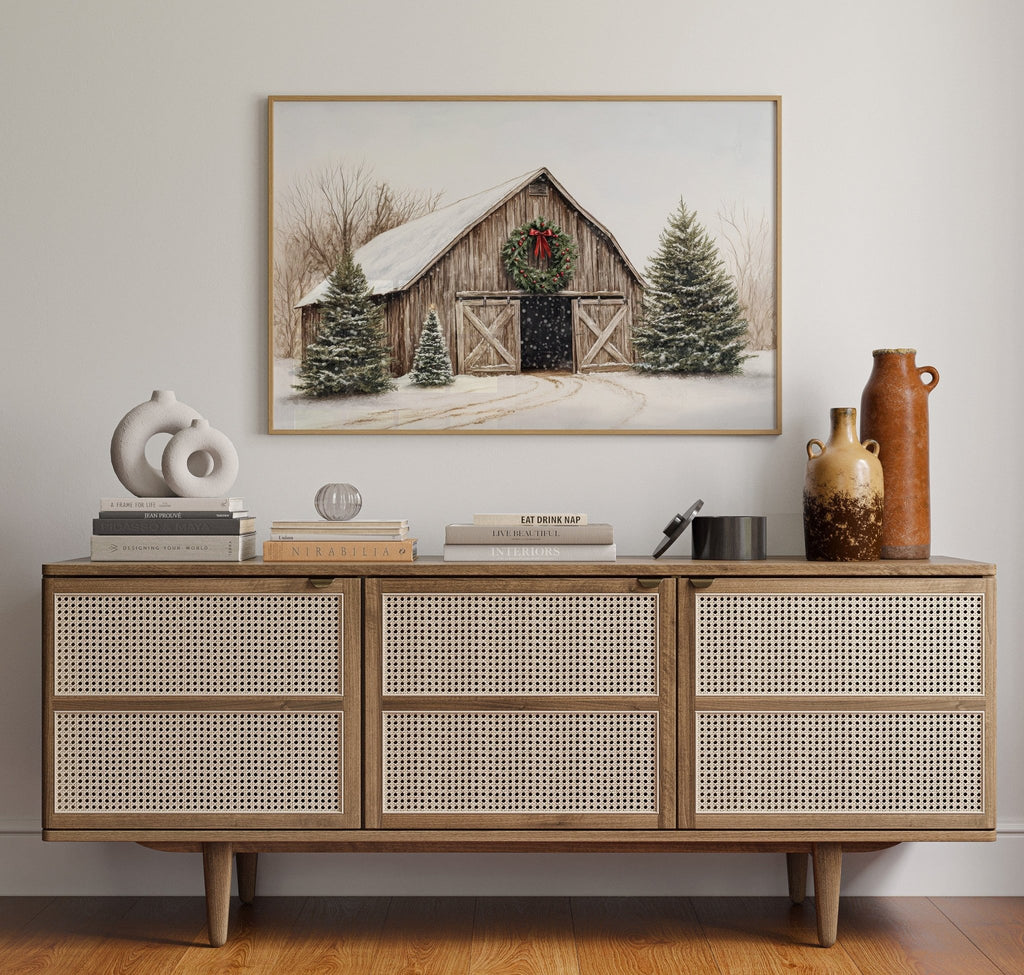 Rustic Christmas Barn – Cozy Winter Farmhouse Wall Art Print - Quarter Circle AK Boutique