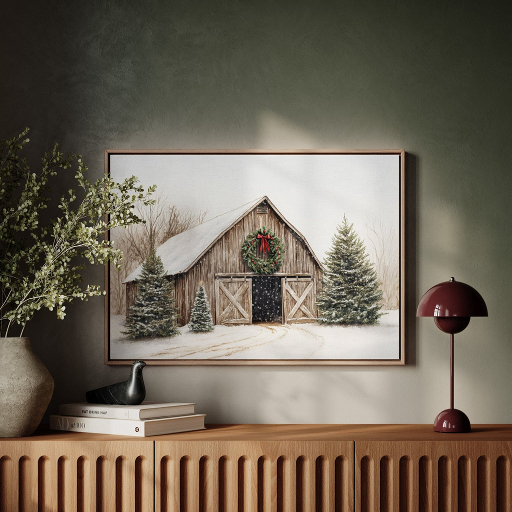 Rustic Christmas Barn – Cozy Winter Farmhouse Wall Art Print - Quarter Circle AK Boutique