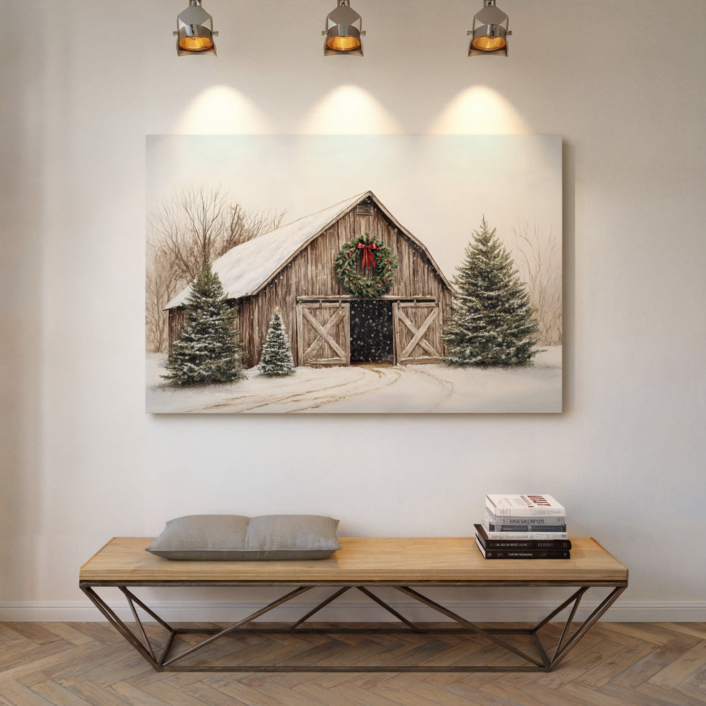 Rustic Christmas Barn – Cozy Winter Farmhouse Wall Art Print - Quarter Circle AK Boutique