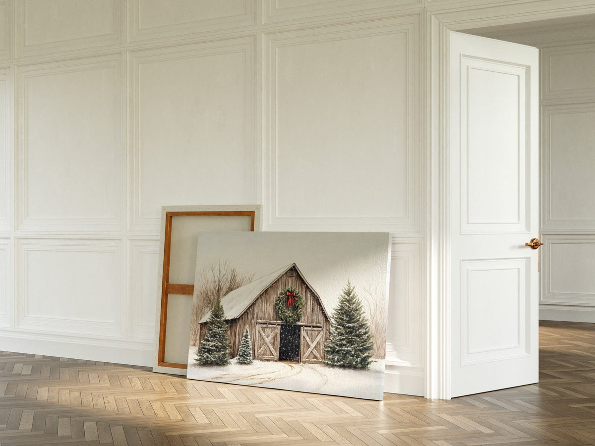 Rustic Christmas Barn – Cozy Winter Farmhouse Wall Art Print - Quarter Circle AK Boutique
