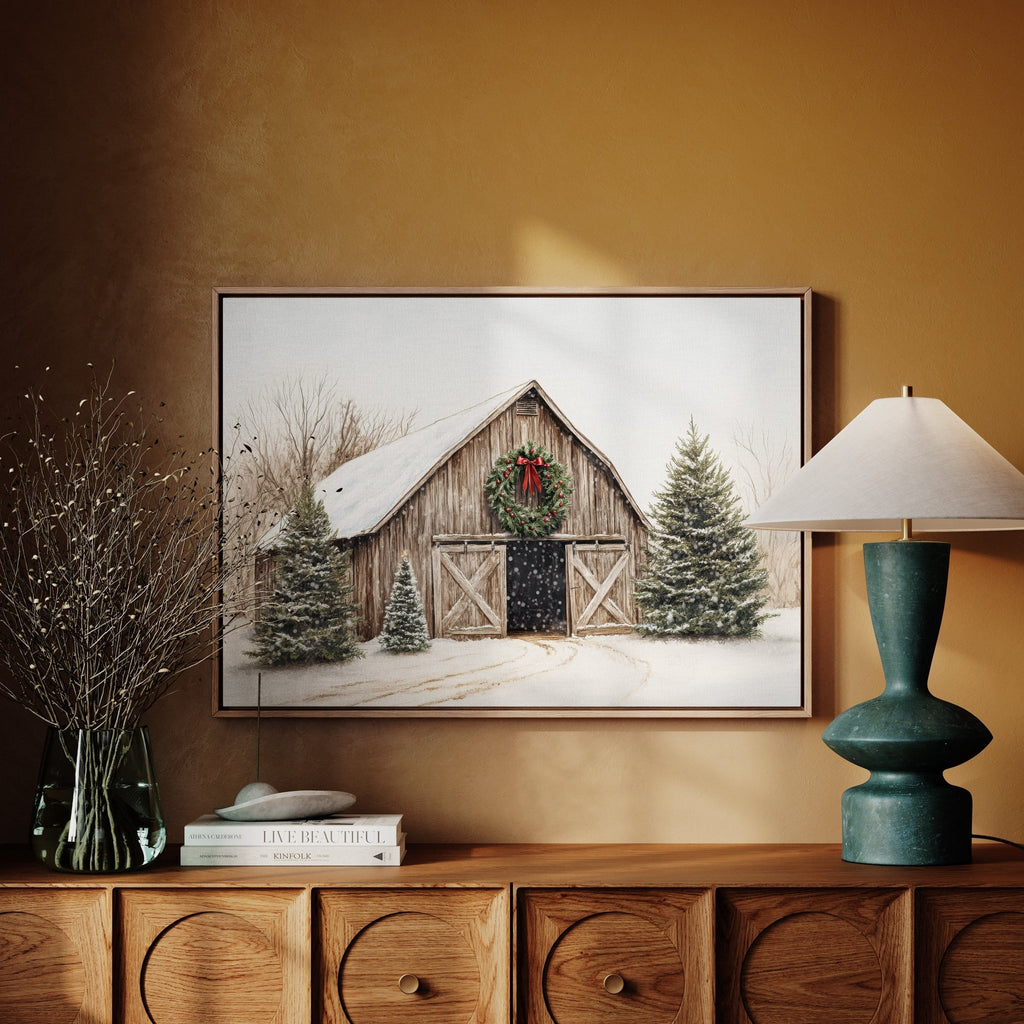 Rustic Christmas Barn – Cozy Winter Farmhouse Wall Art Print - Quarter Circle AK Boutique