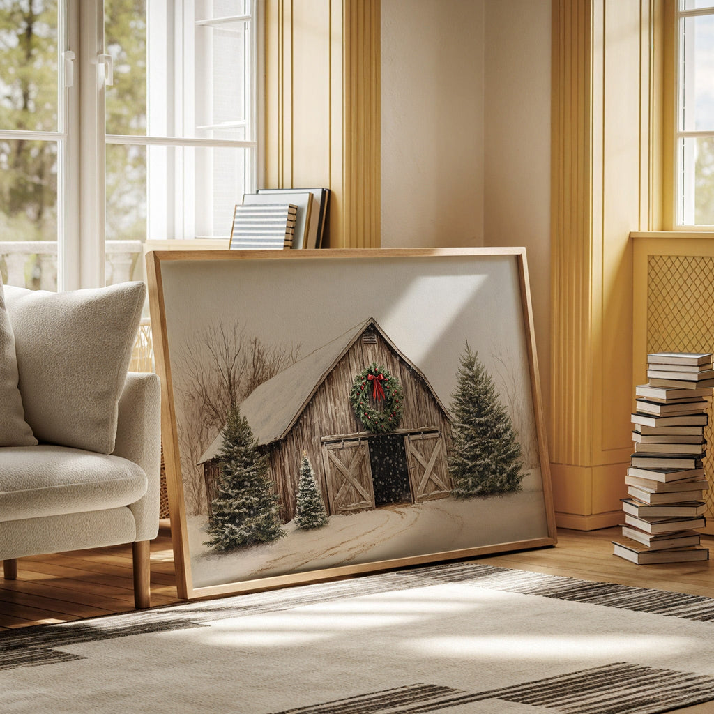 Rustic Christmas Barn – Cozy Winter Farmhouse Wall Art Print - Quarter Circle AK Boutique