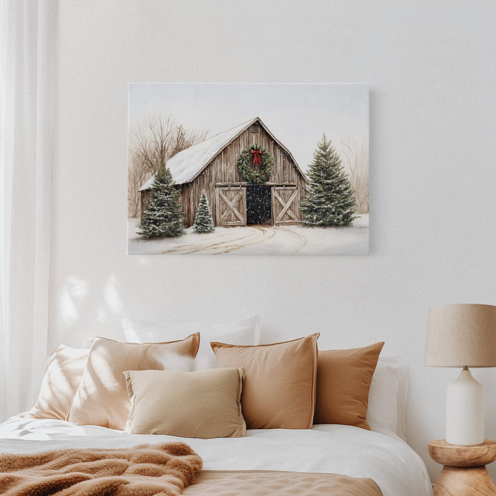 Rustic Christmas Barn – Cozy Winter Farmhouse Wall Art Print - Quarter Circle AK Boutique