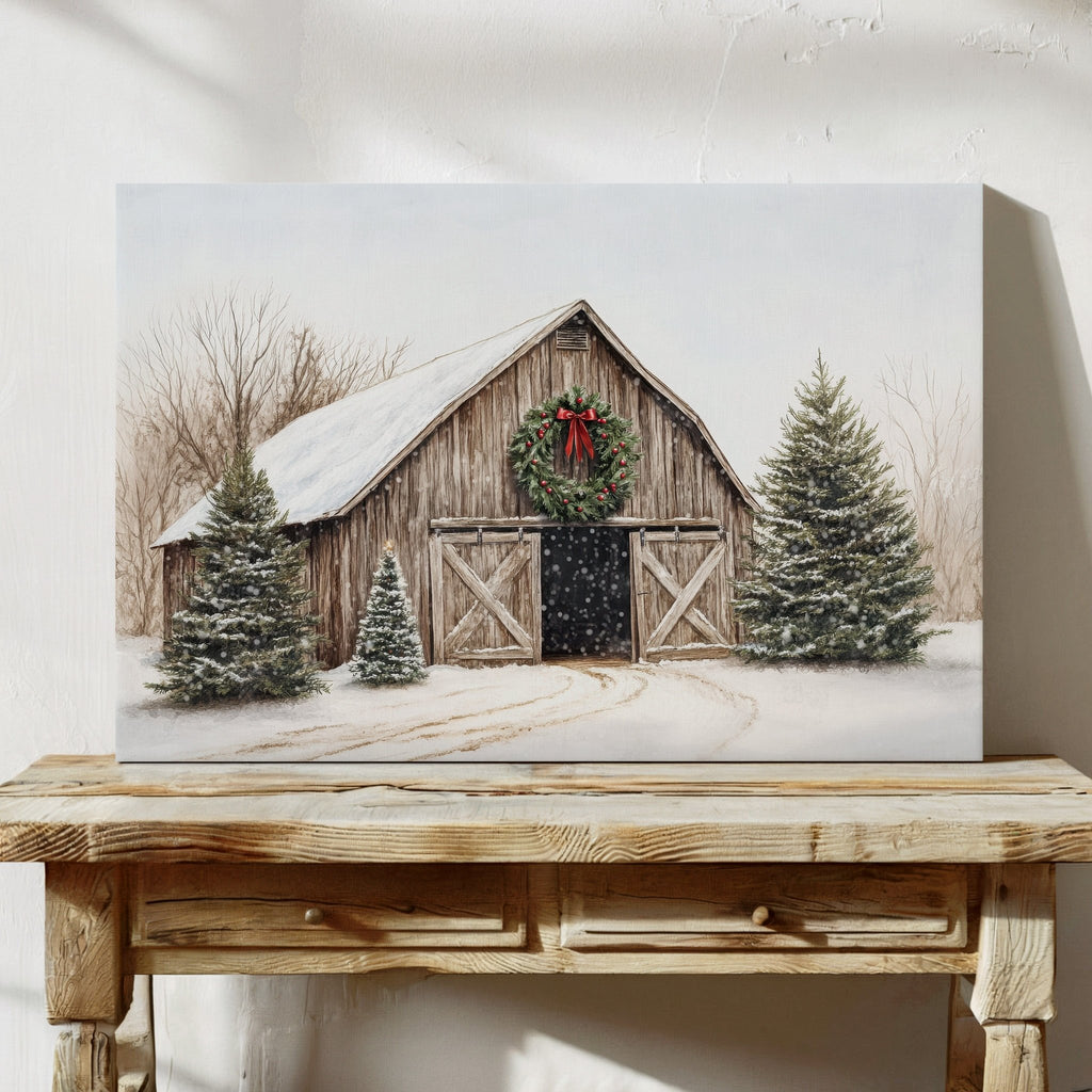 Rustic Christmas Barn – Cozy Winter Farmhouse Wall Art Print - Quarter Circle AK Boutique