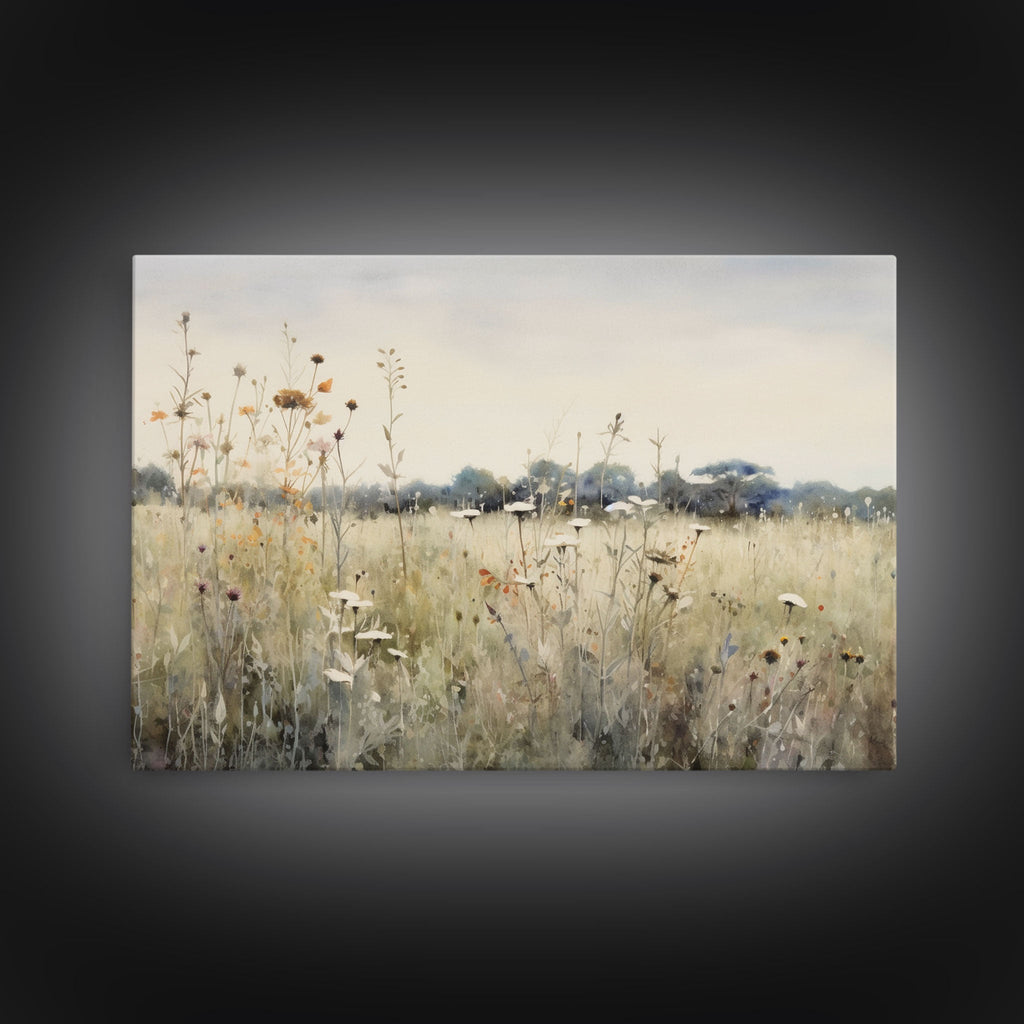 Rustic Country Wildflower Landscape Oil Painting Canvas Print Reproduction, Framed Wall Art, Rustic Farmhouse Decor, Muted Art, Moody Art - Quarter Circle AK Boutique