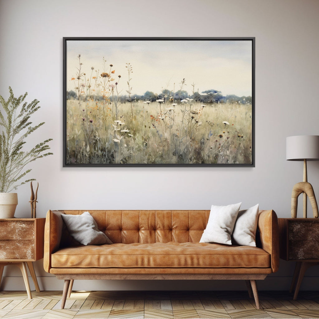 Rustic Country Wildflower Landscape Oil Painting Canvas Print Reproduction, Framed Wall Art, Rustic Farmhouse Decor, Muted Art, Moody Art - Quarter Circle AK Boutique