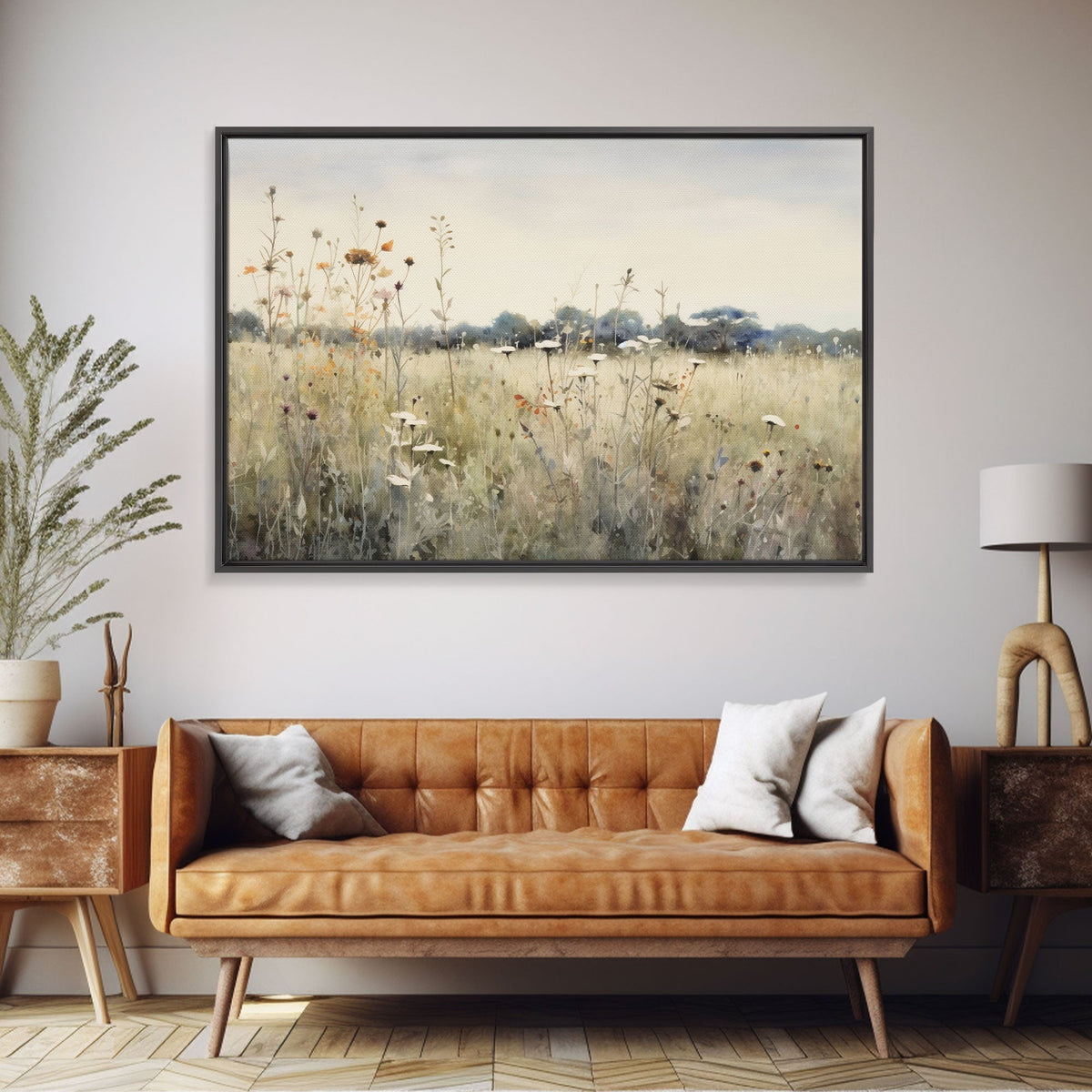 Rustic Country Wildflower Landscape Oil Painting Canvas Print Reproduction, Framed Wall Art, Rustic Farmhouse Decor, Muted Art, Moody Art - Quarter Circle AK Boutique