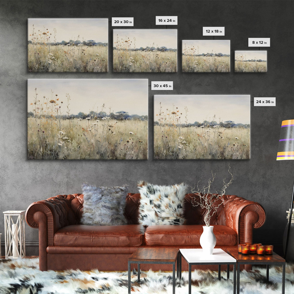 Rustic Country Wildflower Landscape Oil Painting Canvas Print Reproduction, Framed Wall Art, Rustic Farmhouse Decor, Muted Art, Moody Art - Quarter Circle AK Boutique