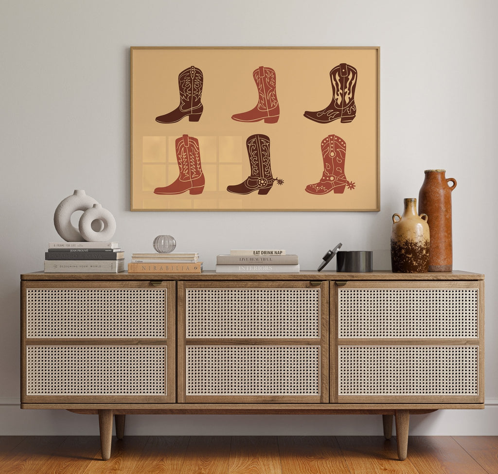 Rustic Cowboy Boots Wall Art – Western Country Decor in Warm Earth Tones - Quarter Circle AK Boutique
