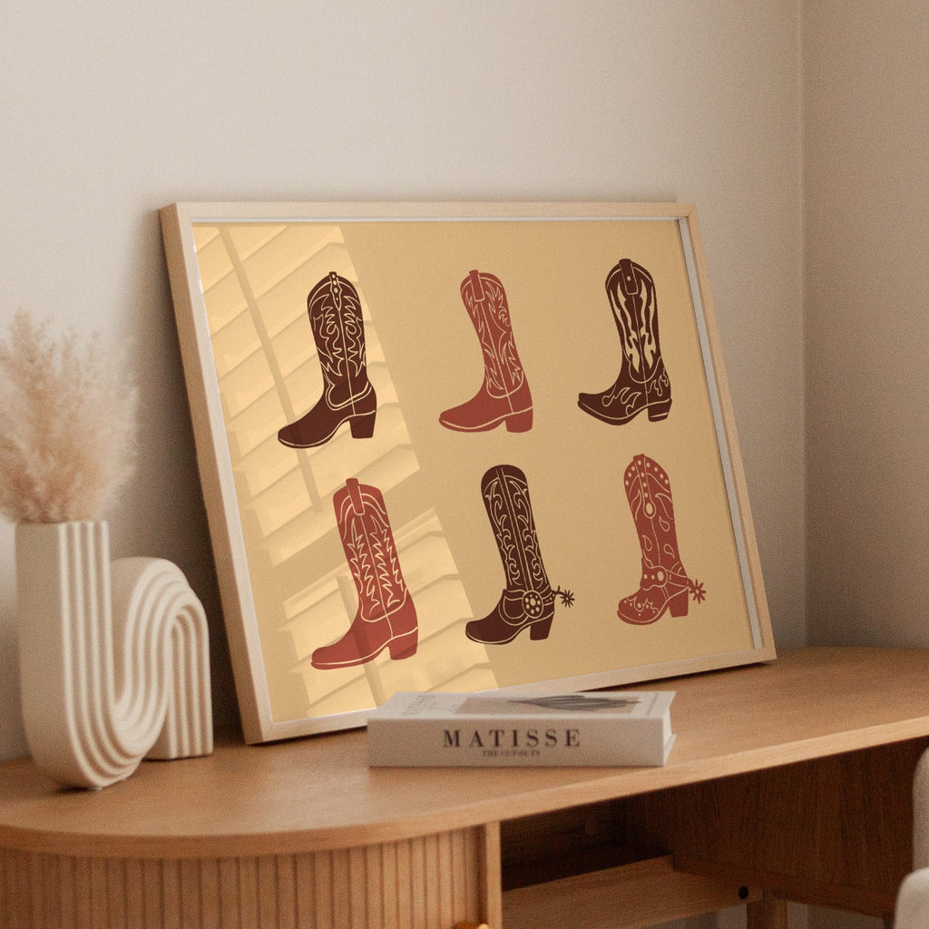 Rustic Cowboy Boots Wall Art – Western Country Decor in Warm Earth Tones - Quarter Circle AK Boutique