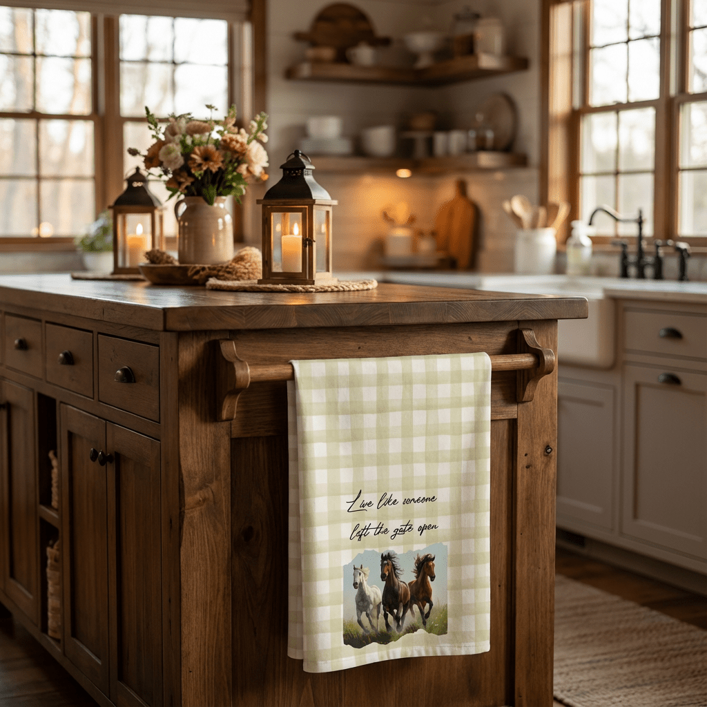 Rustic Horse Tea Towels, Farmhouse Kitchen Decor, Gift for Horse Lovers, Country Home, Eco-Friendly Cotton Towels - Quarter Circle AK Boutique