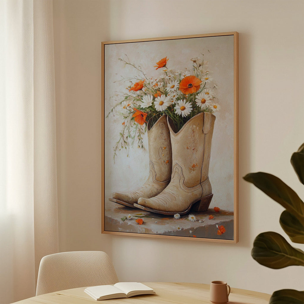 Rustic Western Charm – Cowboy Boots & Wildflowers Wall Art - Quarter Circle AK Boutique