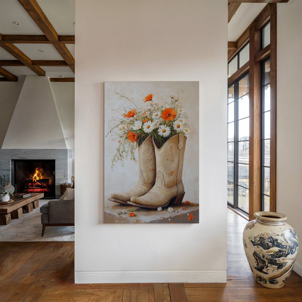 Rustic Western Charm – Cowboy Boots & Wildflowers Wall Art - Quarter Circle AK Boutique