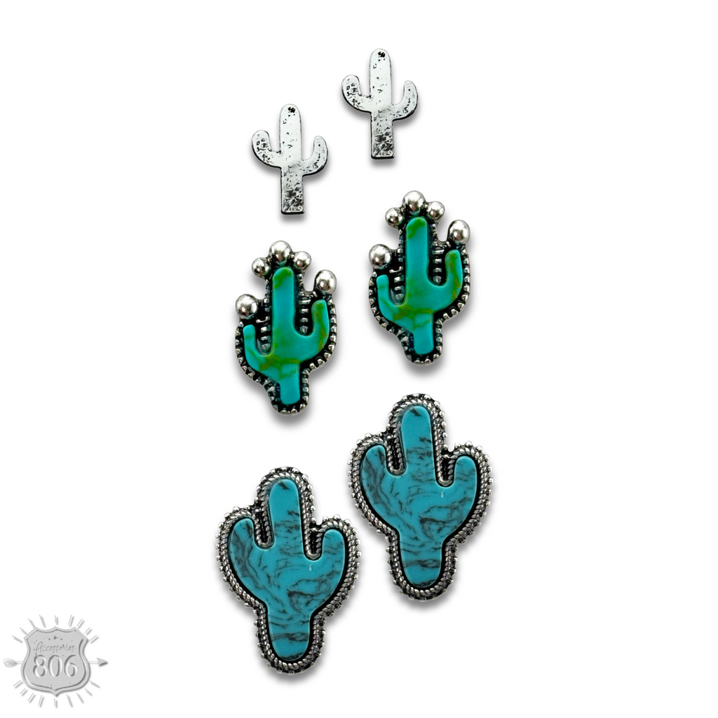 Turquoise and silver cactus earring set