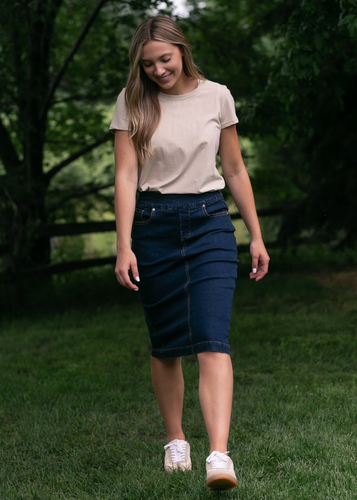 Sandra Dark Wash Denim Midi Skirt - Quarter Circle AK Boutique