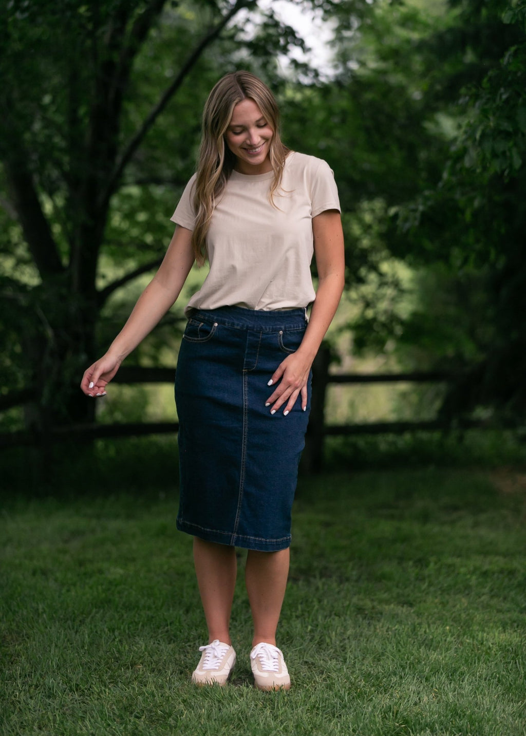 Sandra Dark Wash Denim Midi Skirt - Quarter Circle AK Boutique