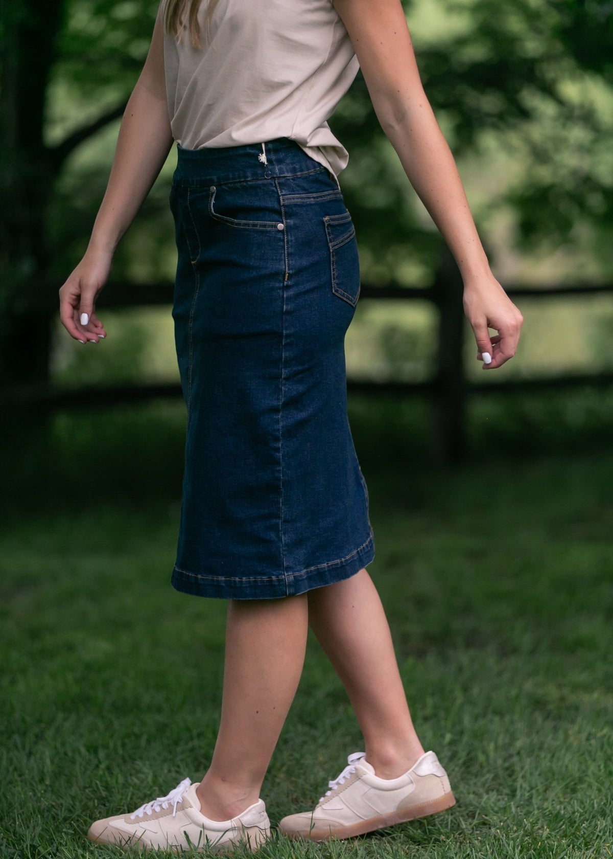 Sandra Dark Wash Denim Midi Skirt - Quarter Circle AK Boutique