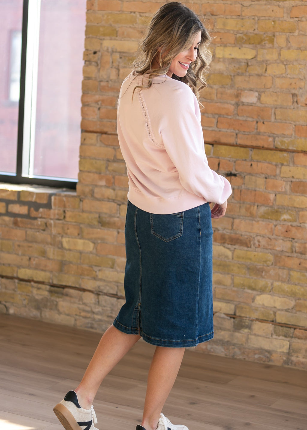 Sandra Dark Wash Denim Midi Skirt - Quarter Circle AK Boutique