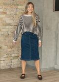 Sandra Dark Wash Denim Midi Skirt - Quarter Circle AK Boutique