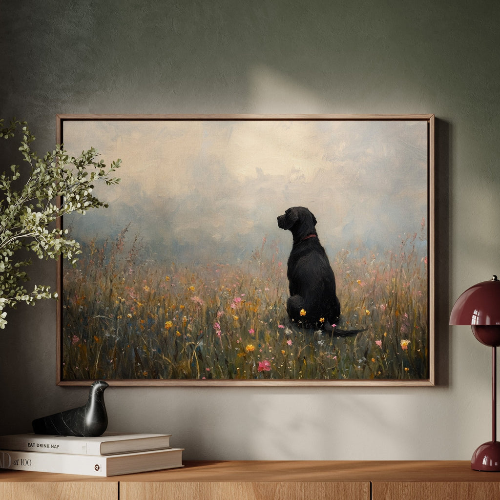 Serene Black Lab in Wildflowers – Rustic Dog Art Print - Quarter Circle AK Boutique