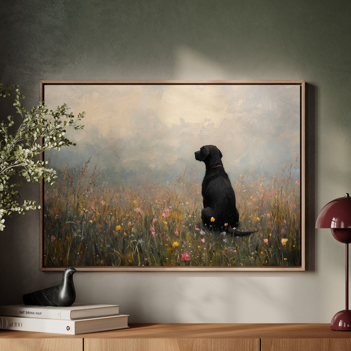Serene Black Lab in Wildflowers – Rustic Dog Art Print - Quarter Circle AK Boutique
