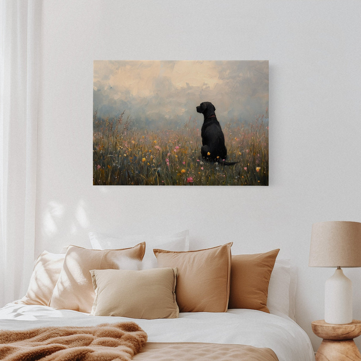Serene Black Lab in Wildflowers – Rustic Dog Art Print - Quarter Circle AK Boutique