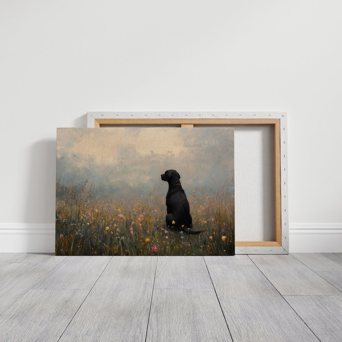 Serene Black Lab in Wildflowers – Rustic Dog Art Print - Quarter Circle AK Boutique